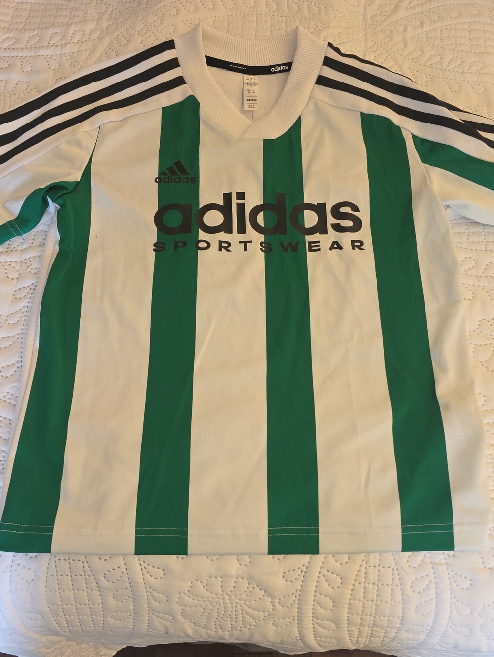 adidas Green & White Striped Sports Tee with Black Logo